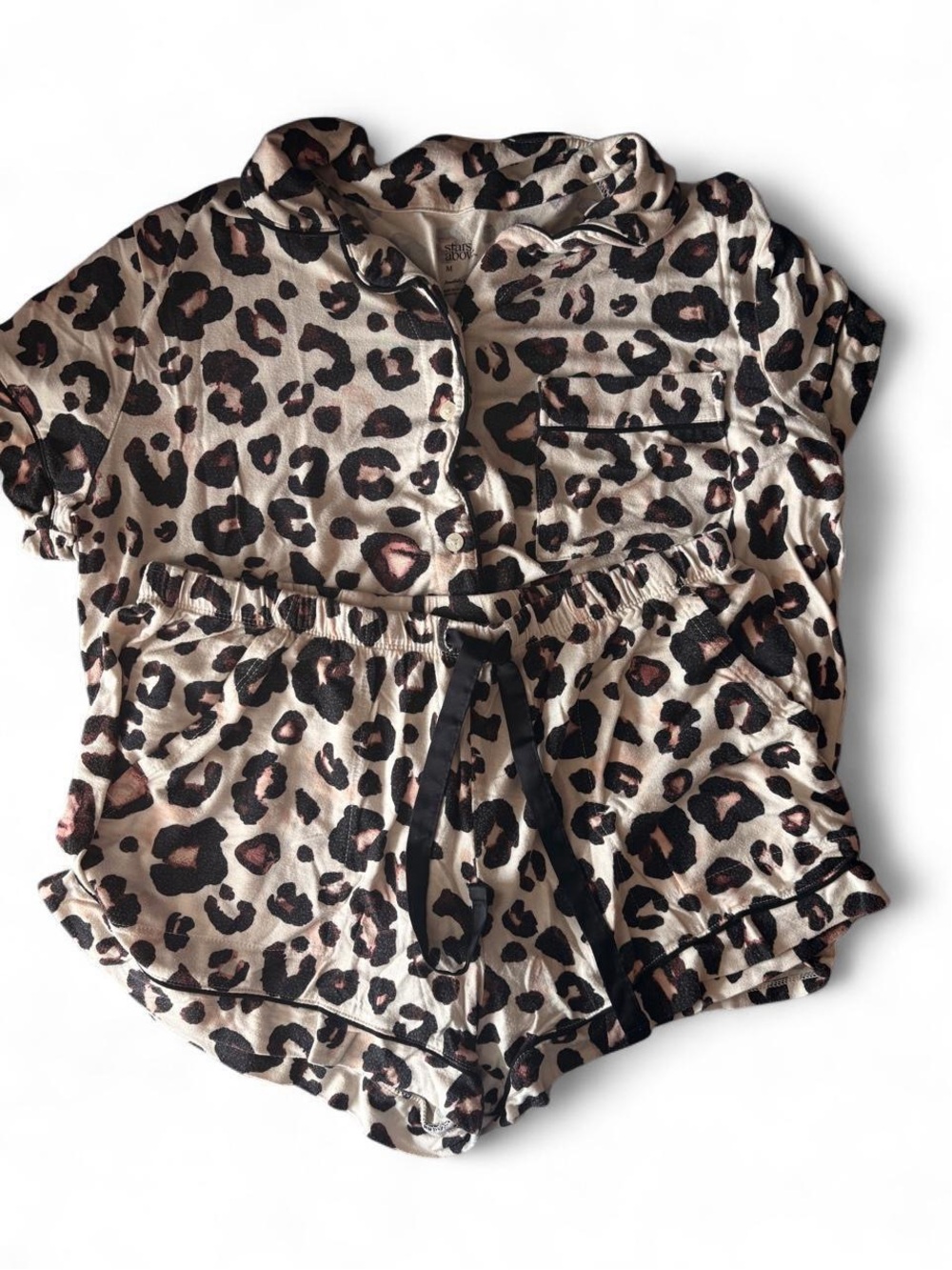 stars above Leopard Print Button-Down Top & Shorts Set - Beige, Black, Brown